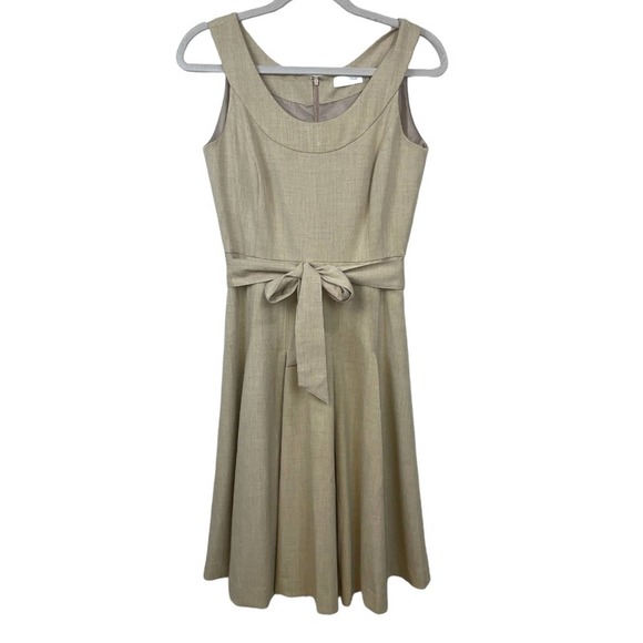 Calvin Klein  Tan Woven Pleaded Front Tie Sleeveless Dress Size 4 - Picture 3 of 10